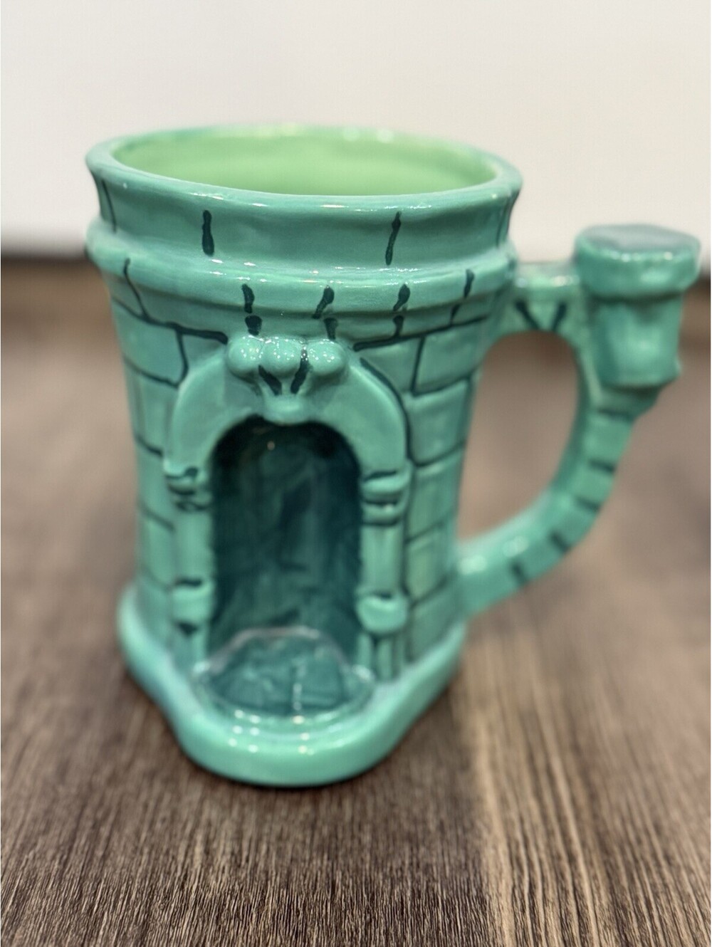 Hand Made Castle Coffee Mug Unique Oblong Design With Inset Door To Castle Teal